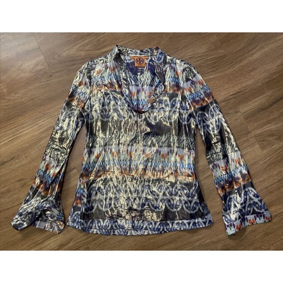 Tory Burch Tops - Tory Burch Multicolor Metallic gold Silk Tunic Blouse Size 0
